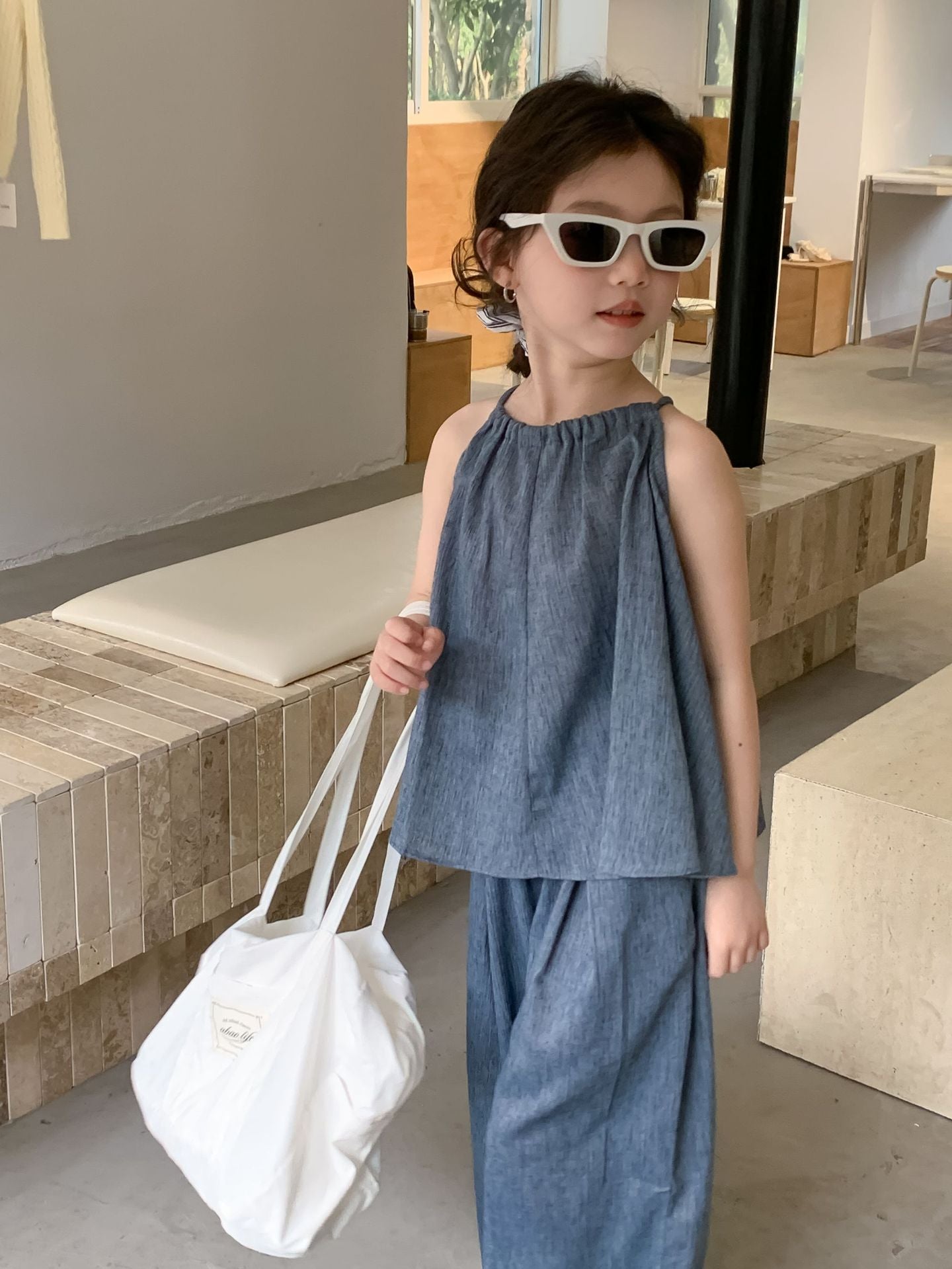 Girls' Blue Suspenders Wide-leg Pants Set in the Big Virgin Bao Cool Two-Piece Set