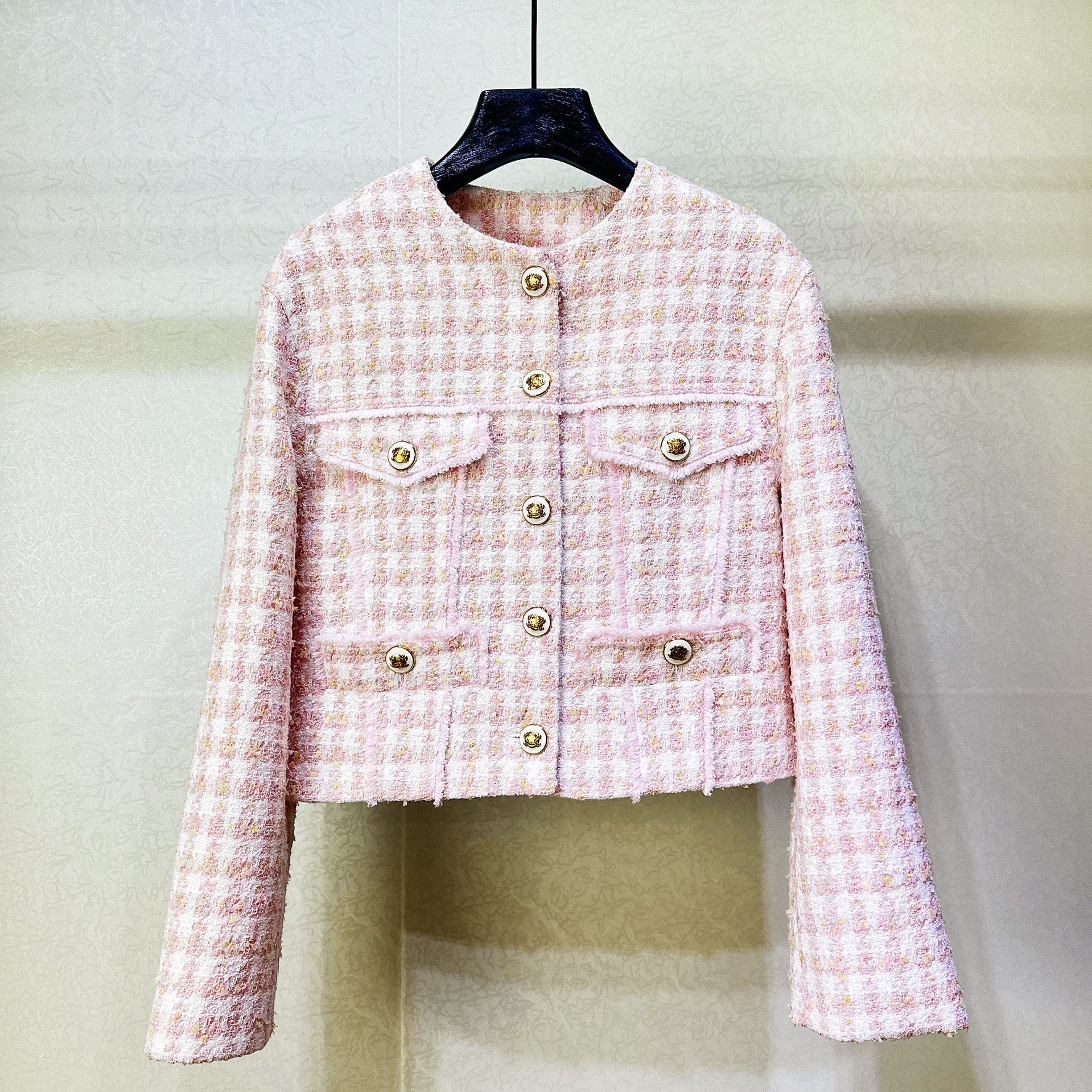 Pink tweed short jacket high-waisted wide-leg pants set