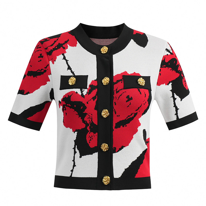 Rose jacquard flower metal buckle trim top