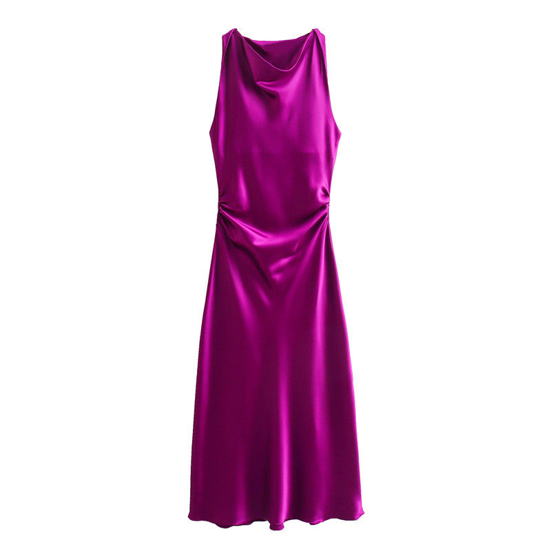 Round Neck Silk Satin Waist Dress