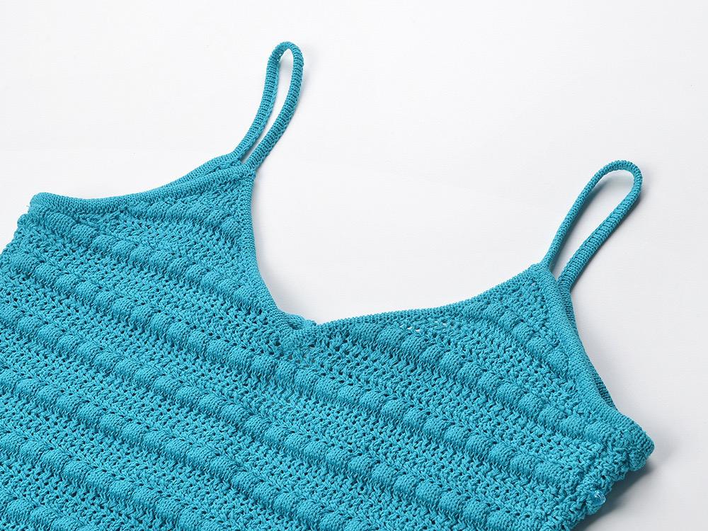 Knit Women's Dresses Peacock Blue Rhinestone Beaded Chic Sexy Resort Style Halter Long Dress 2023 Fall New