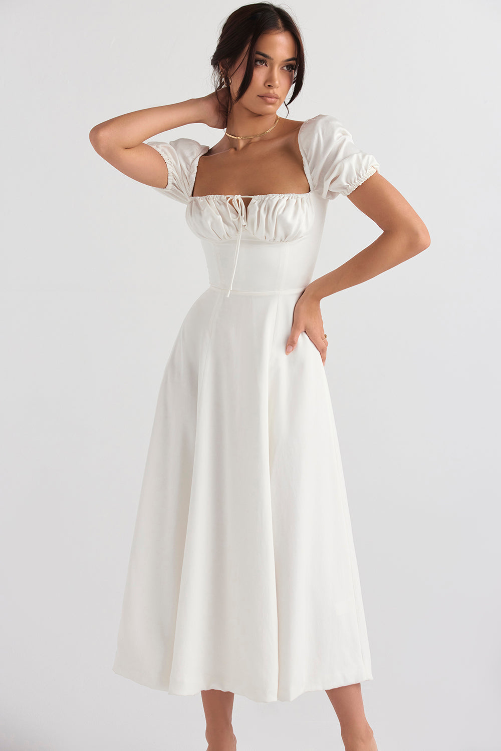 TALLULAH WHITE PUFF SLEEVE MIDI DRESS - White