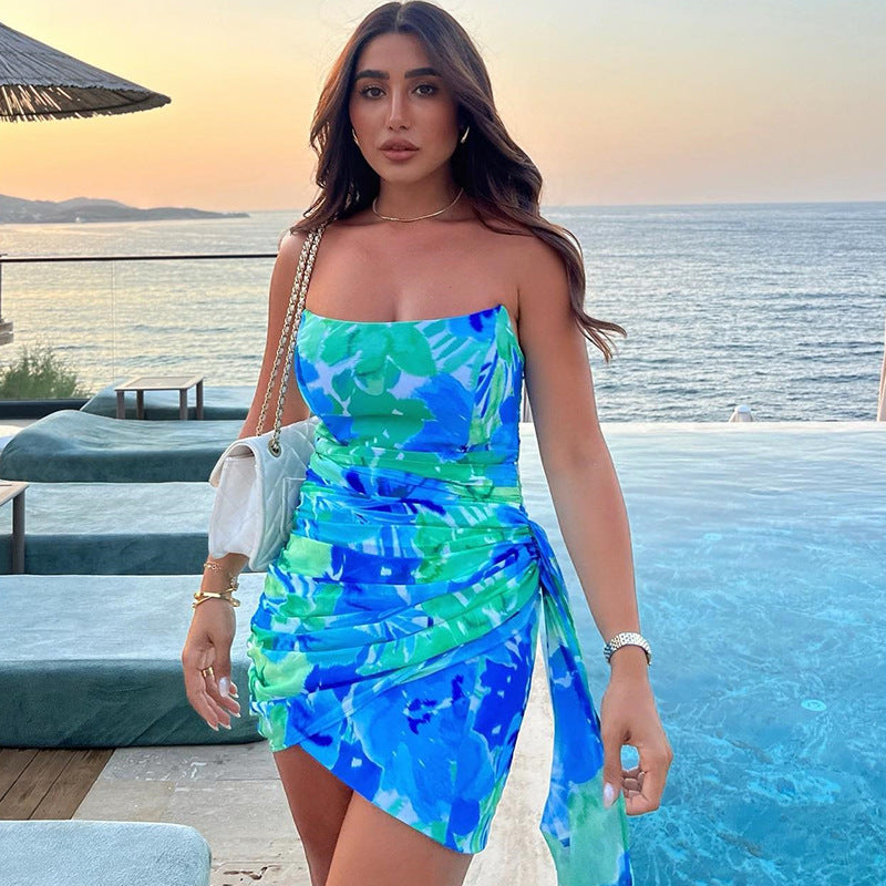 Verona Blue Floral Print Asymmetrical Mini Dress - Blue