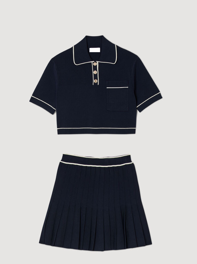 CROPPED POLO-NECK TOP MINI TENNIS SKIRT SET- Dark blue