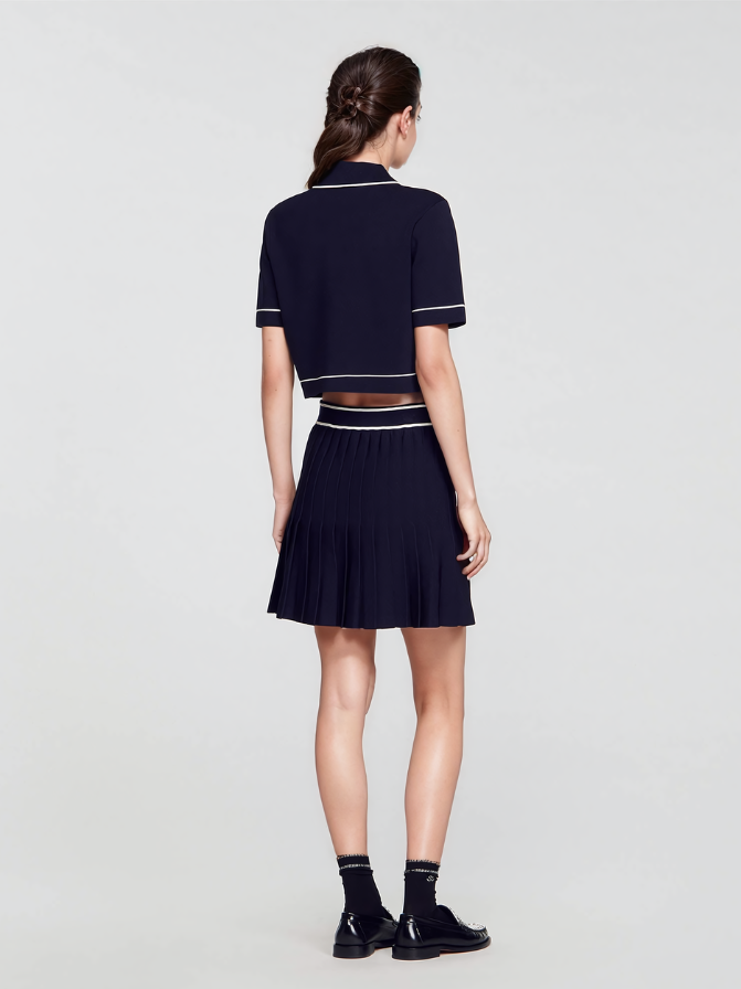 CROPPED POLO-NECK TOP MINI TENNIS SKIRT SET- Dark blue