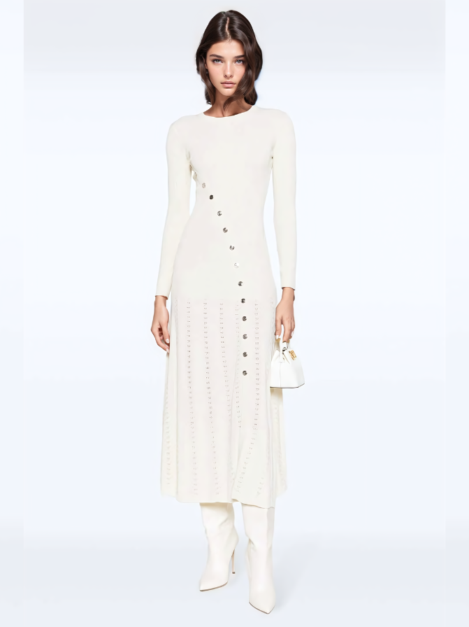 SANDR Rib-Knit Midi Dress - Beige