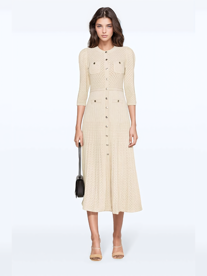 Pointelle knit vest top and maxi pleated skirt in beige