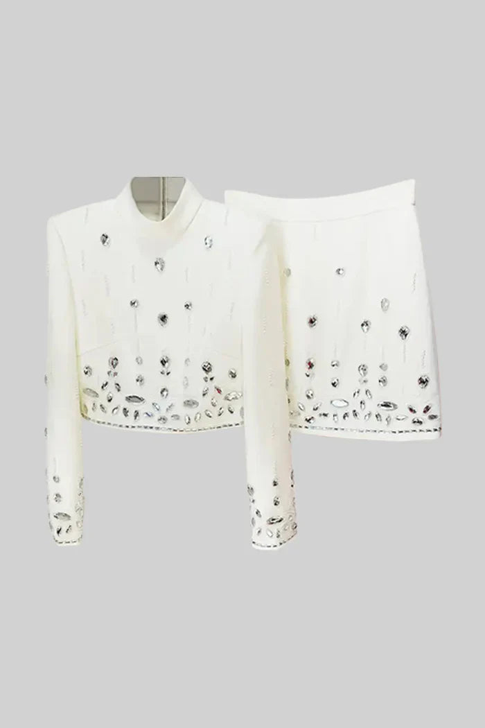 Diamond Embellished Co-Ord with Mini Skirt - White
