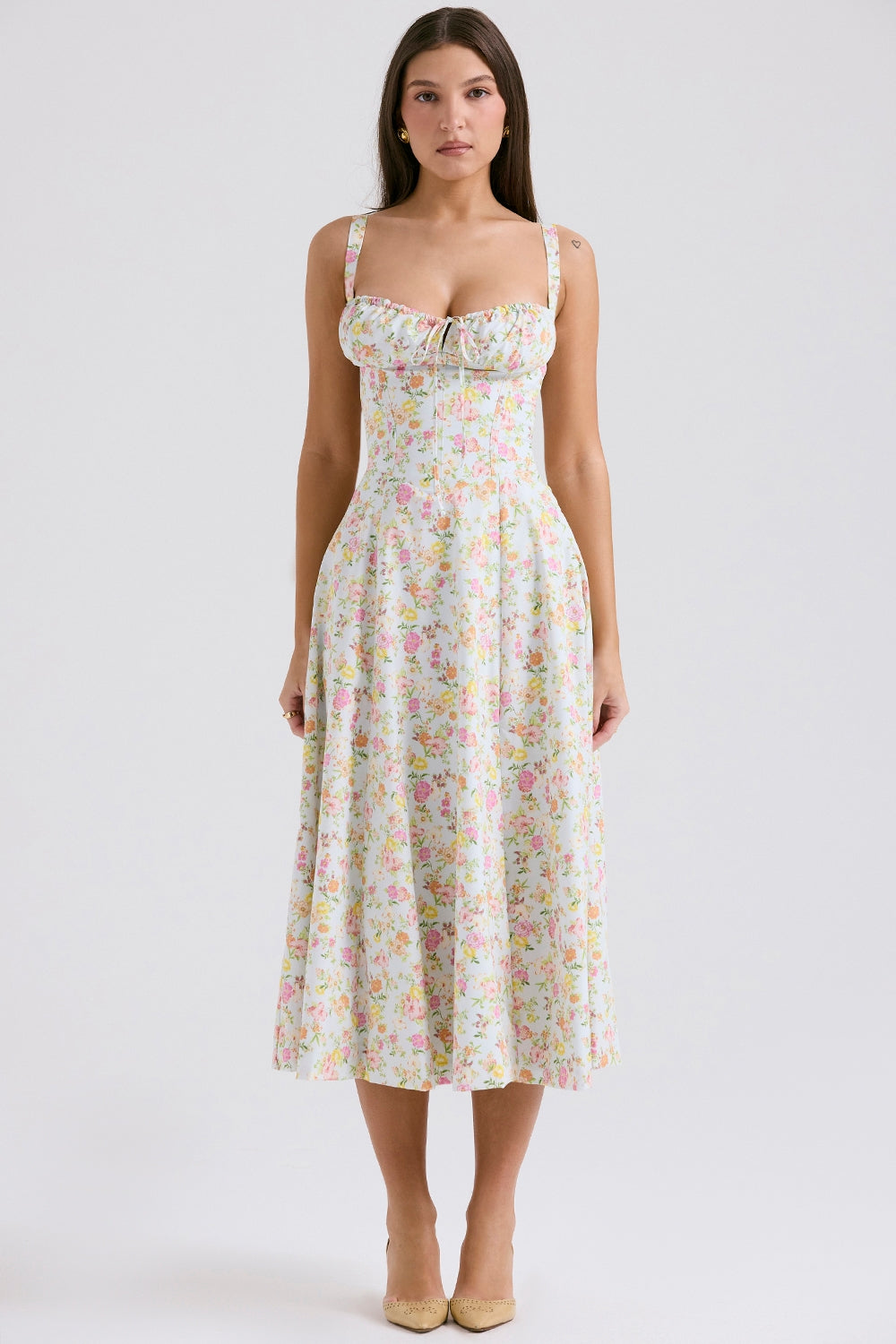 CARMEN PALE BLUE MEADOW PRINT COTTON BUSTIER SUNDRESS MIDI DRESS - White