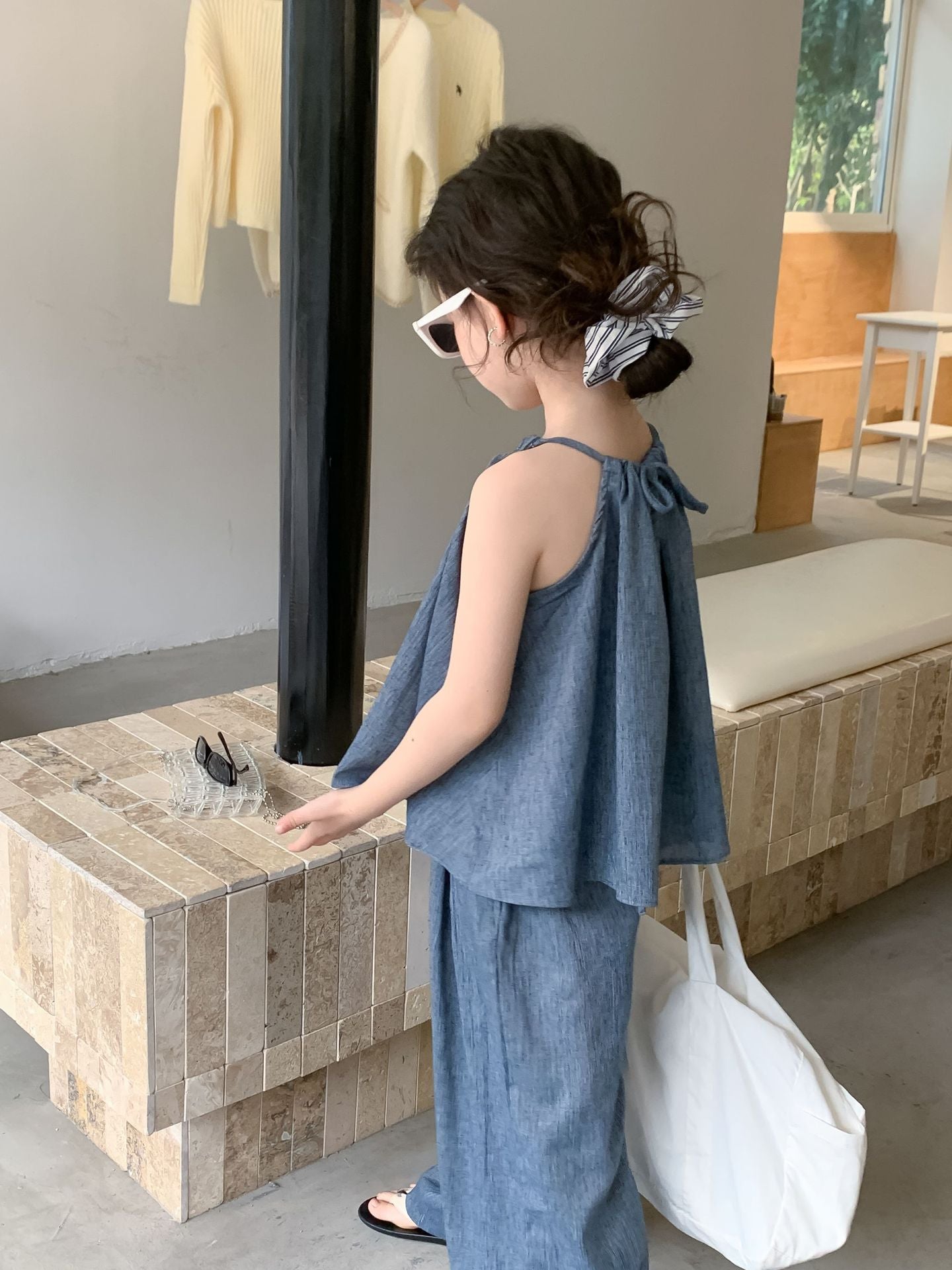 Girls' Blue Suspenders Wide-leg Pants Set in the Big Virgin Bao Cool Two-Piece Set