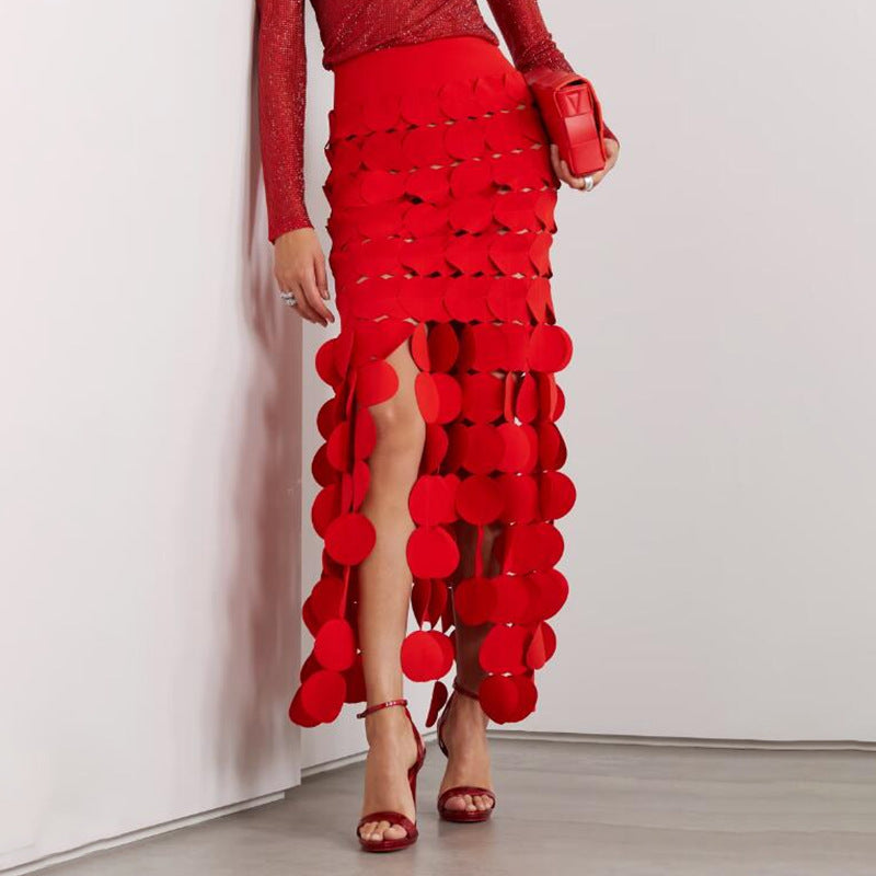 Spliced round tassel long skirt