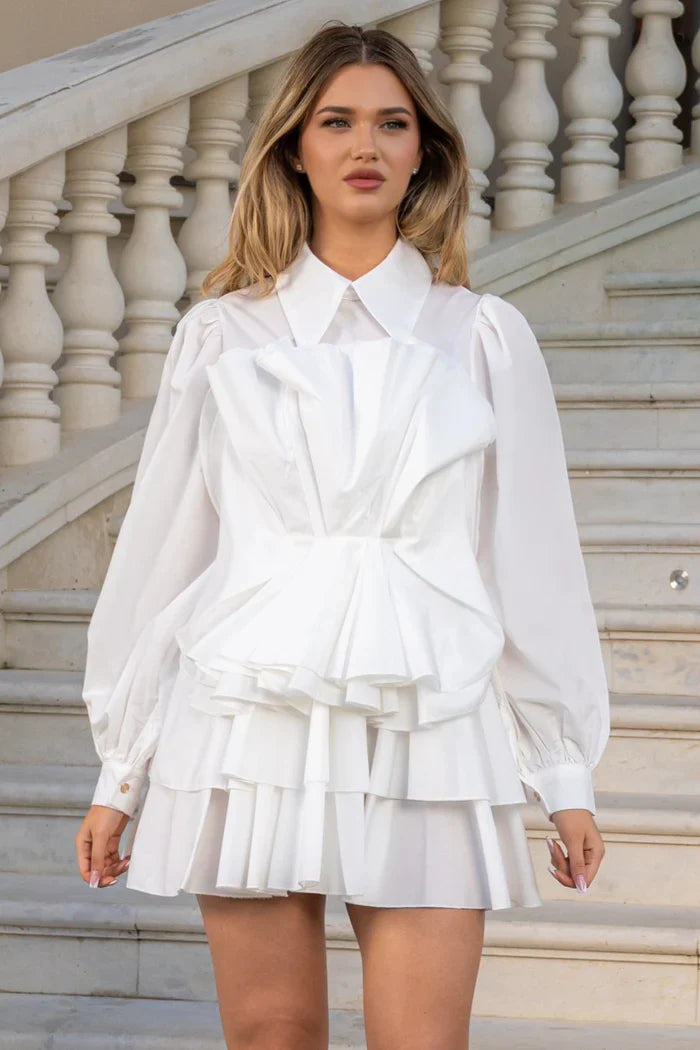 Ruffled Mini Dress Shirt with Puffy Sleeves - White