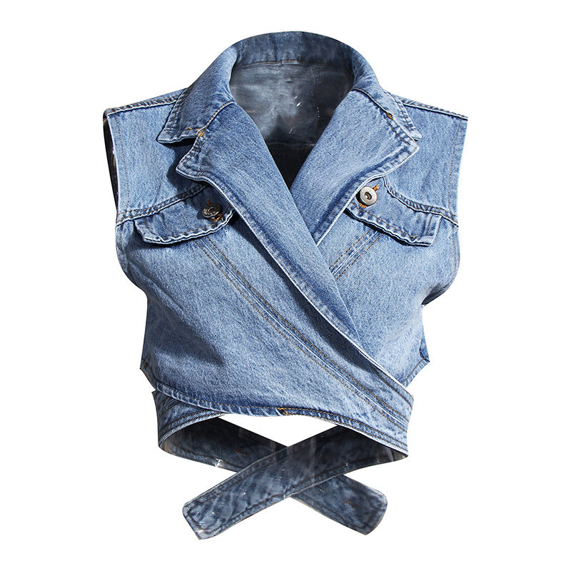 Two Piece Denim Vest Puff Sleeve Shirt