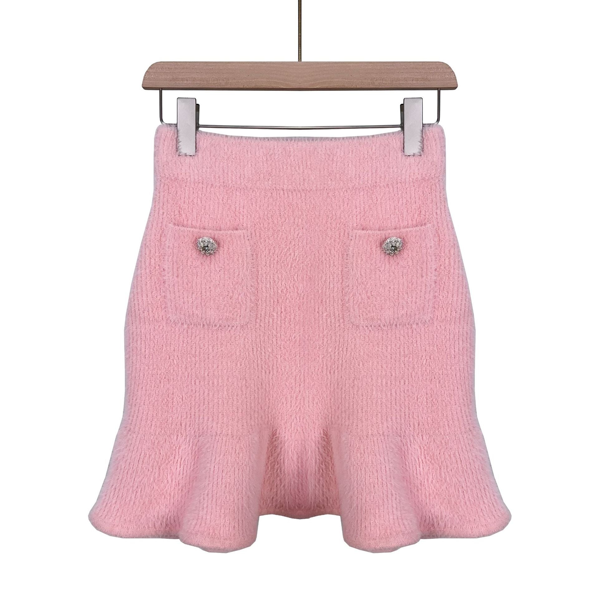 Pink lace doll collar knit long sleeve short suit