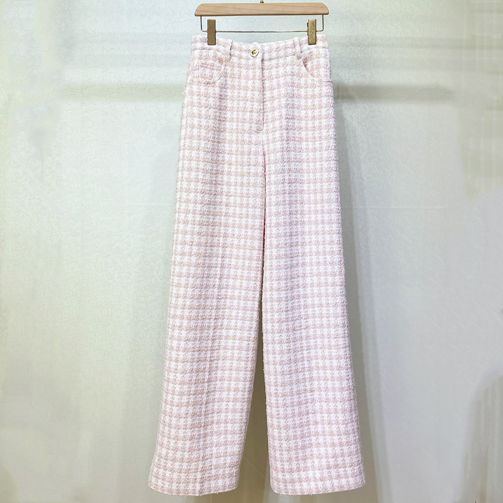 Pink tweed short jacket high-waisted wide-leg pants set