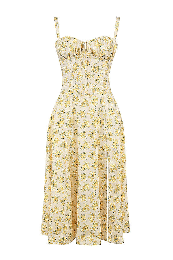 CARMEN BUTTERCUP VINTAGE FLORAL PRINT COTTON BUSTIER SUNDRESS MIDI DRESS - Yellow