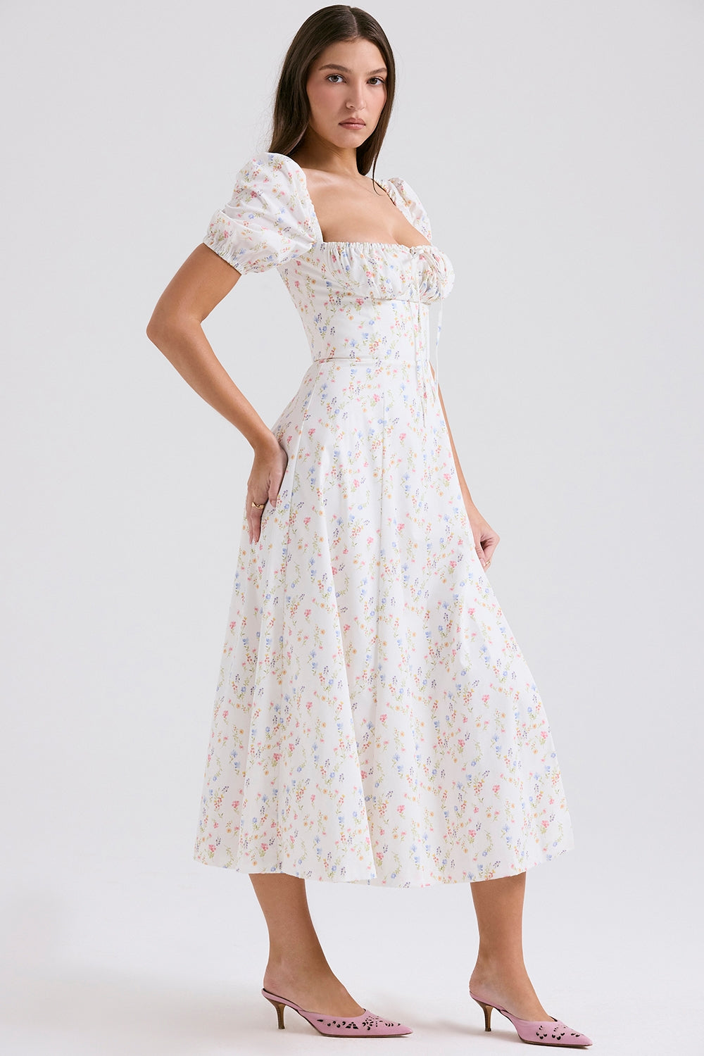 TALLULAH WHITE POSY PRINT COTTON PUFF SLEEVE MIDI SUNDRESS - White