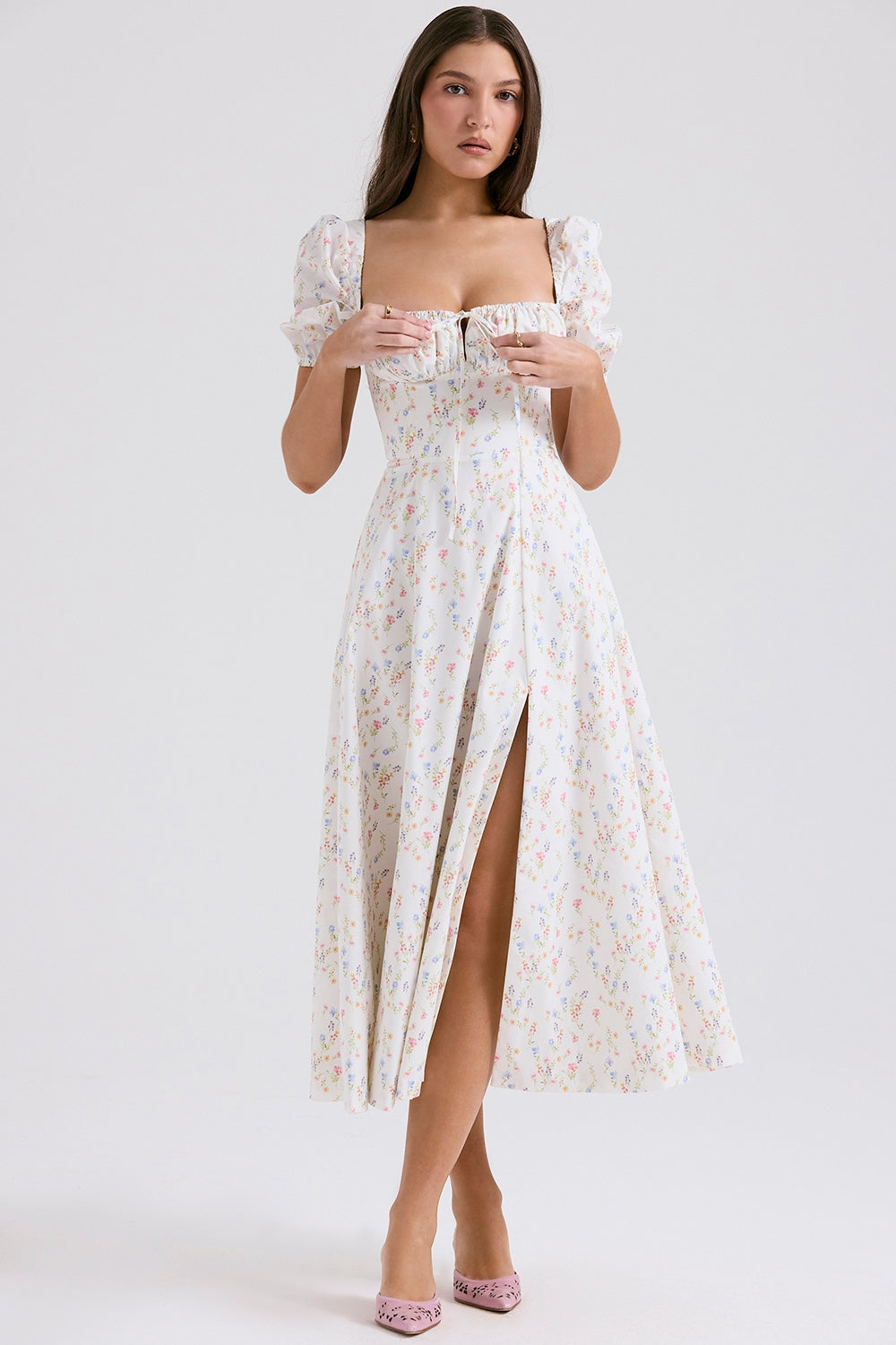 TALLULAH WHITE POSY PRINT COTTON PUFF SLEEVE MIDI SUNDRESS - White