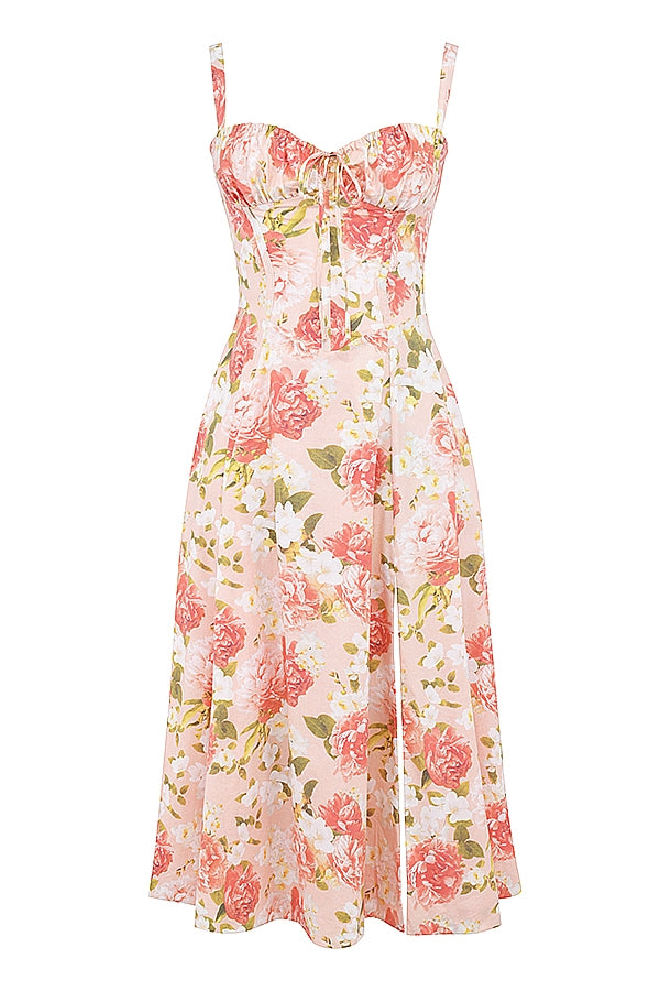 CARMEN PINK PEONY PRINT COTTON BUSTIER SUNDRESS MIDI DRESS - Pink