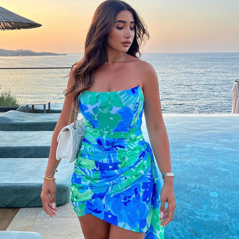 Verona Blue Floral Print Asymmetrical Mini Dress - Blue