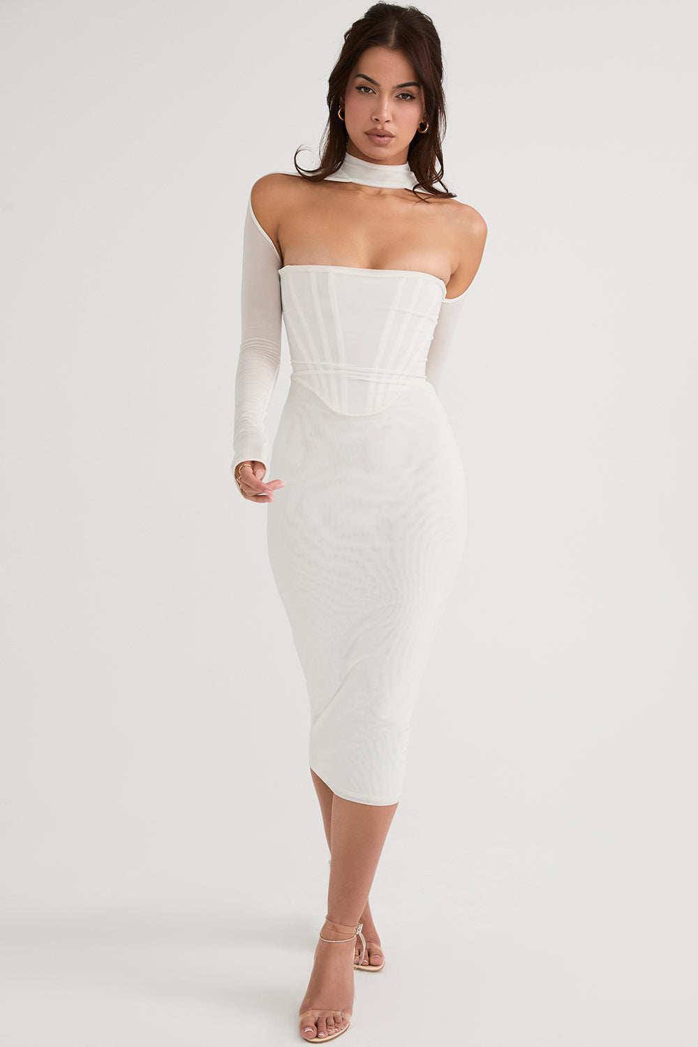 MILAROSE WHITE MESH CORSET MIDI DRESS - White