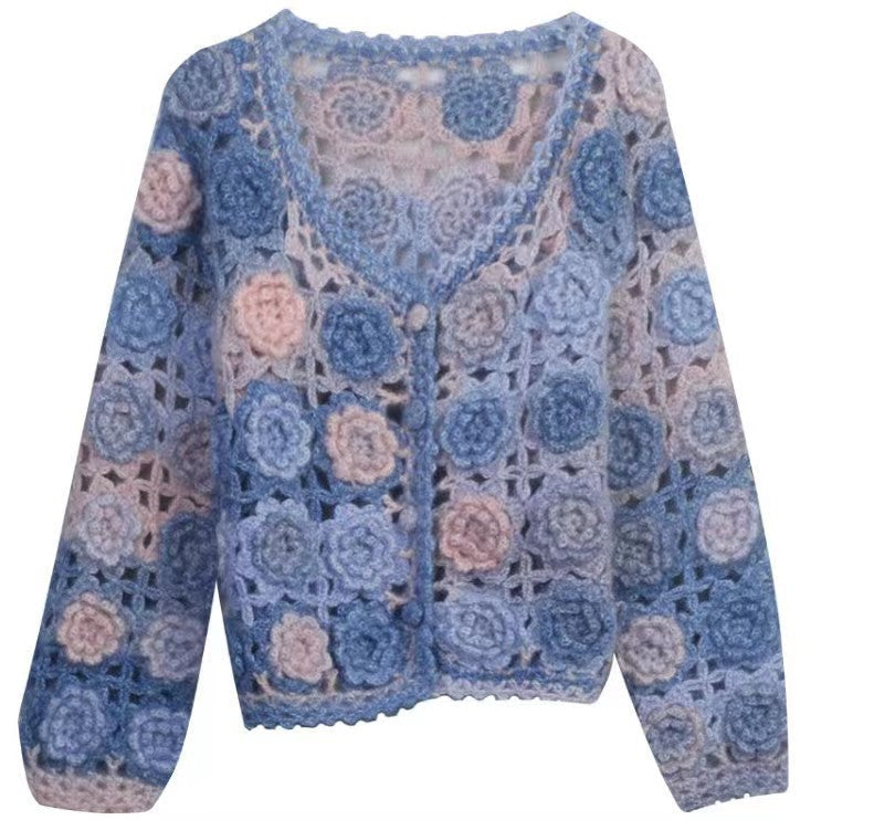 Handmade rainbow rose hollow crochet coat