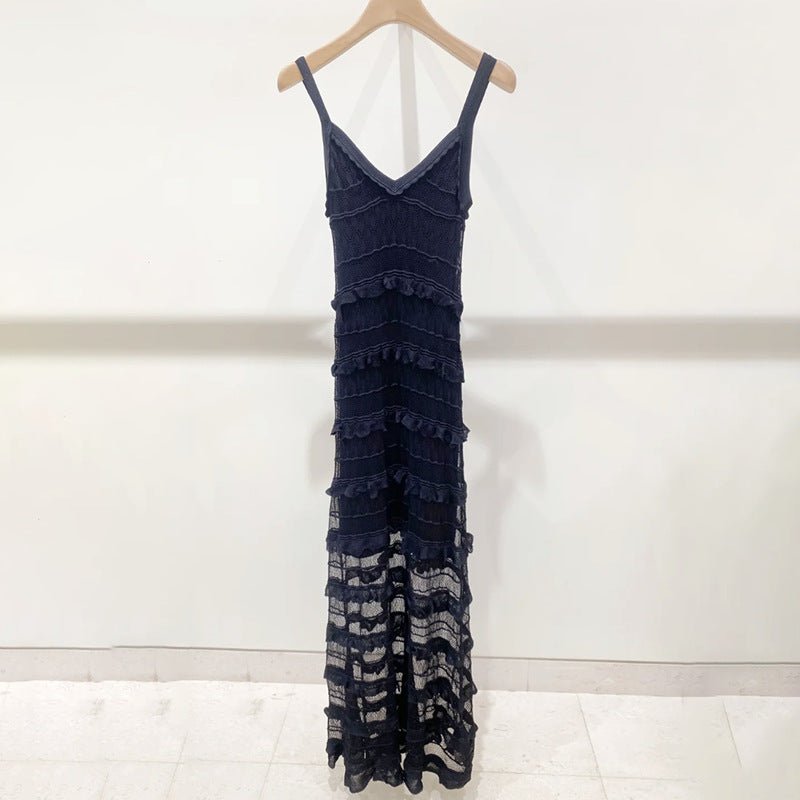 Lace cut-out long knitted slip dress