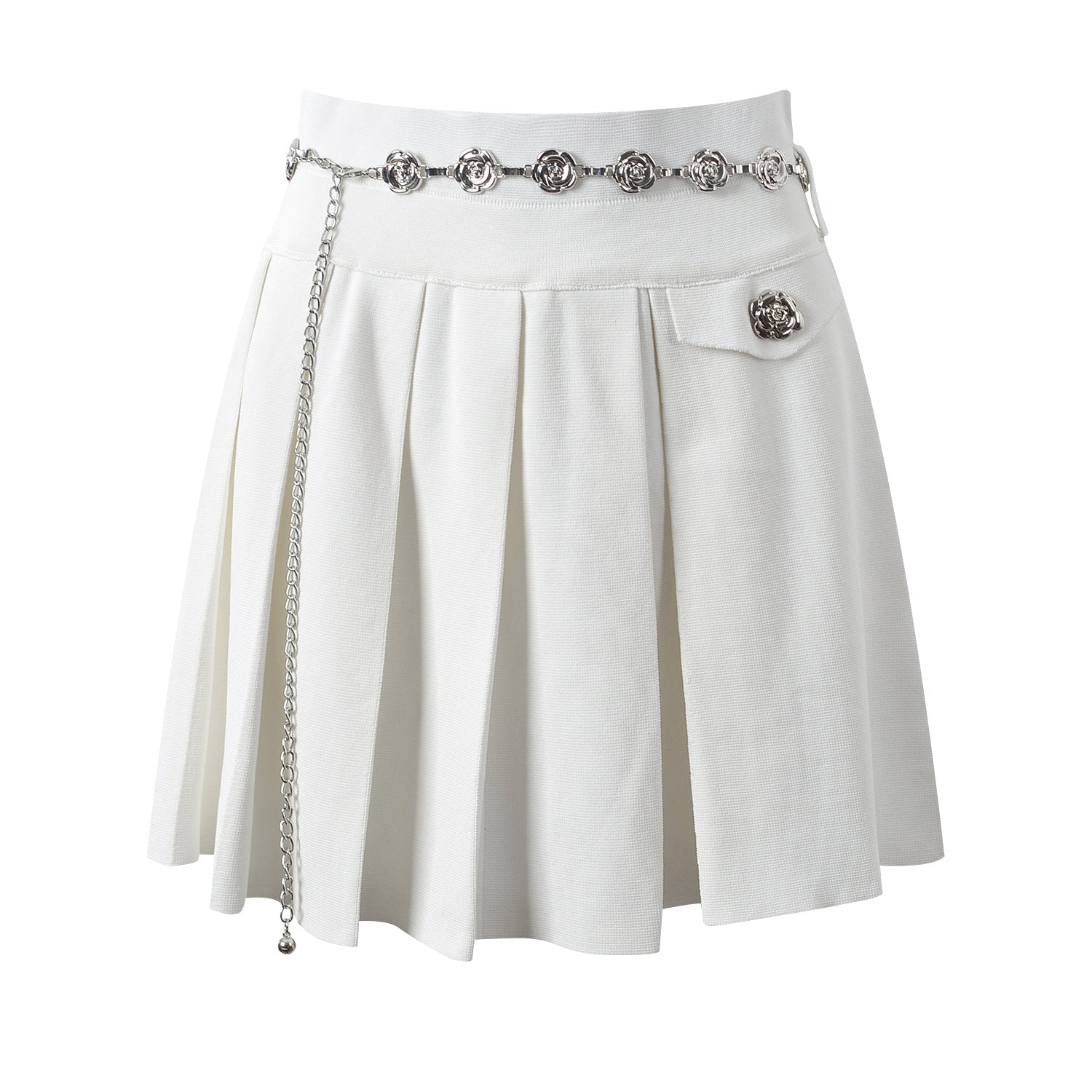 Flower buttons and high-waisted slim pleated skirt