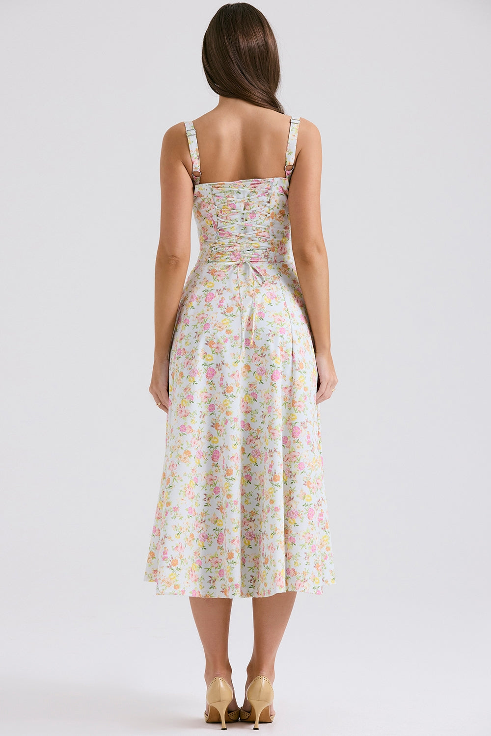 CARMEN PALE BLUE MEADOW PRINT COTTON BUSTIER SUNDRESS MIDI DRESS - White