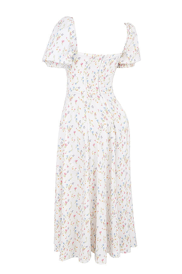 TALLULAH WHITE POSY PRINT COTTON PUFF SLEEVE MIDI SUNDRESS - White