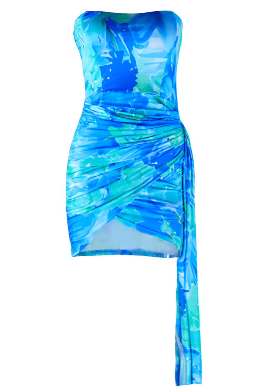 Verona Blue Floral Print Asymmetrical Mini Dress - Blue