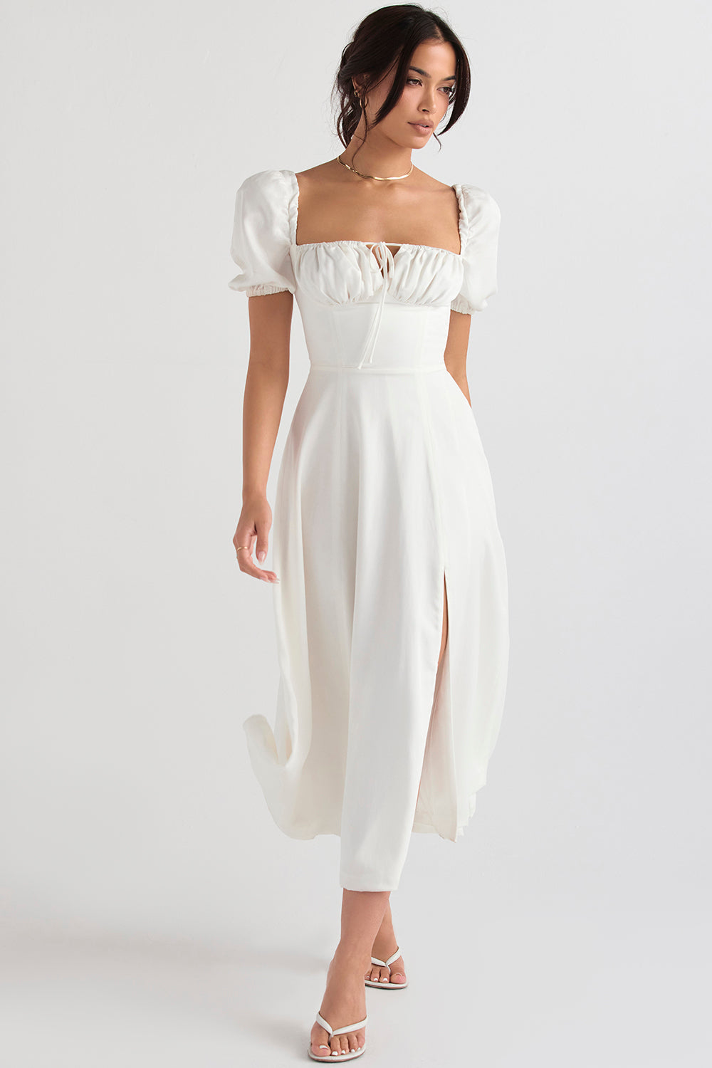 TALLULAH WHITE PUFF SLEEVE MIDI DRESS - White