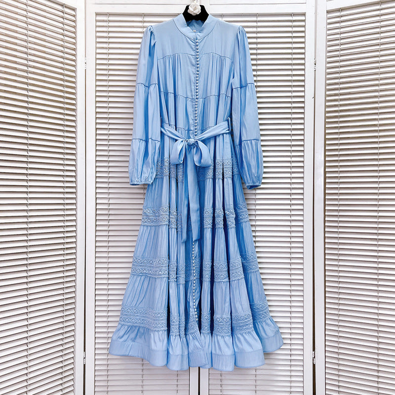 Stand collar stitched lace dress