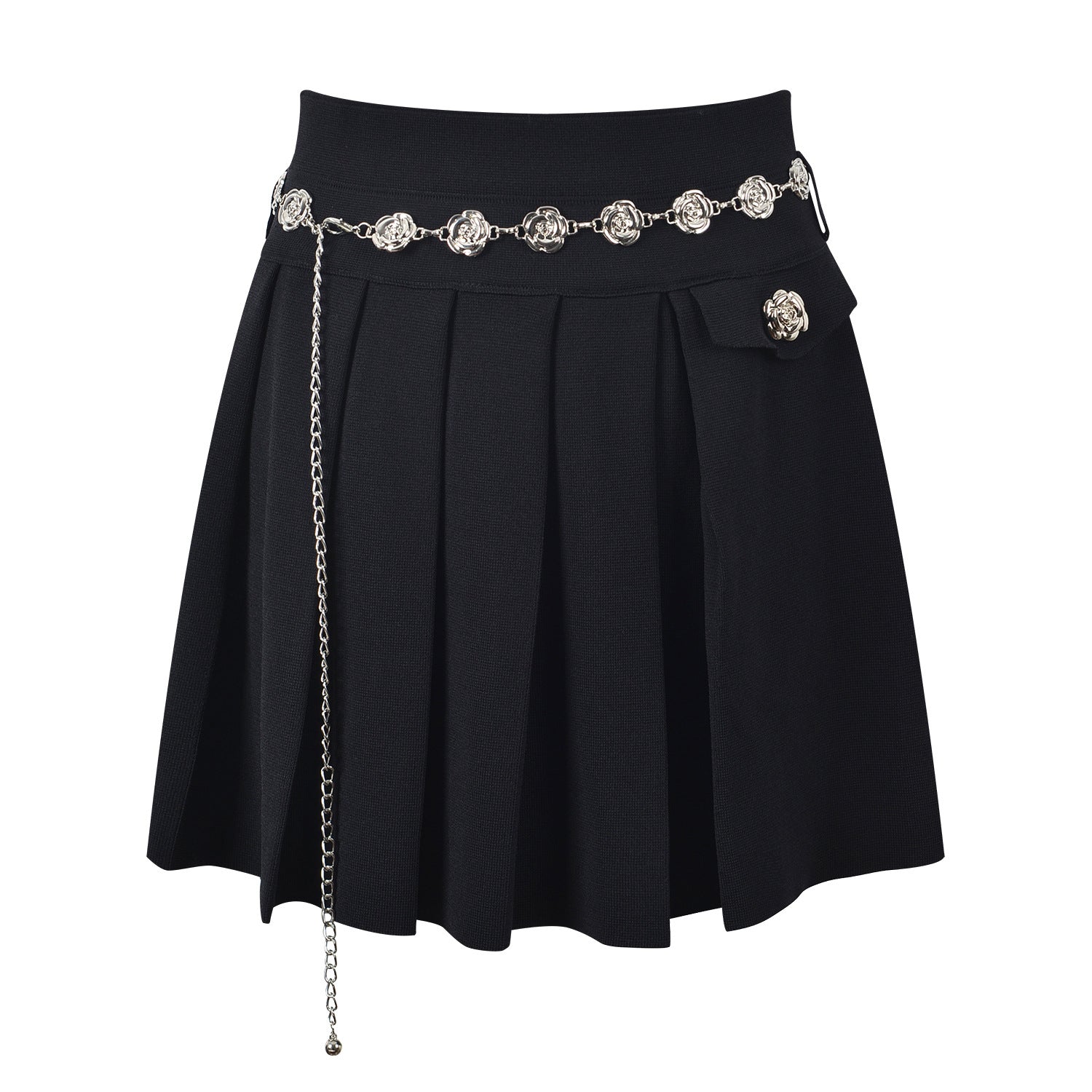 Flower buttons and high-waisted slim pleated skirt