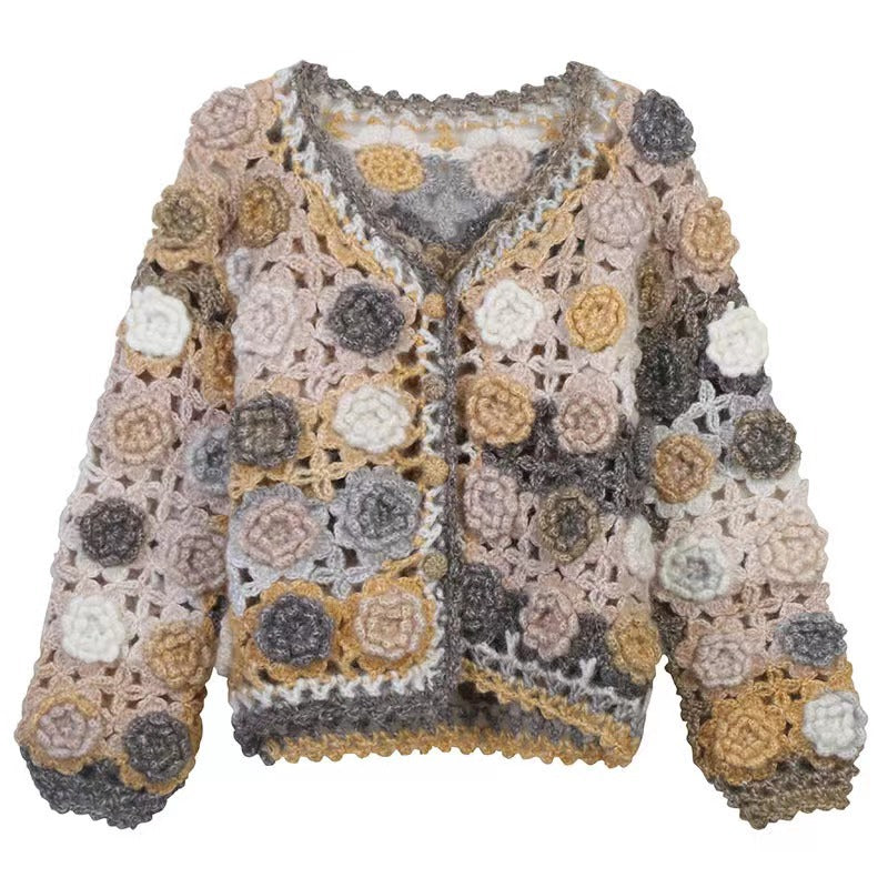 Handmade rainbow rose hollow crochet coat
