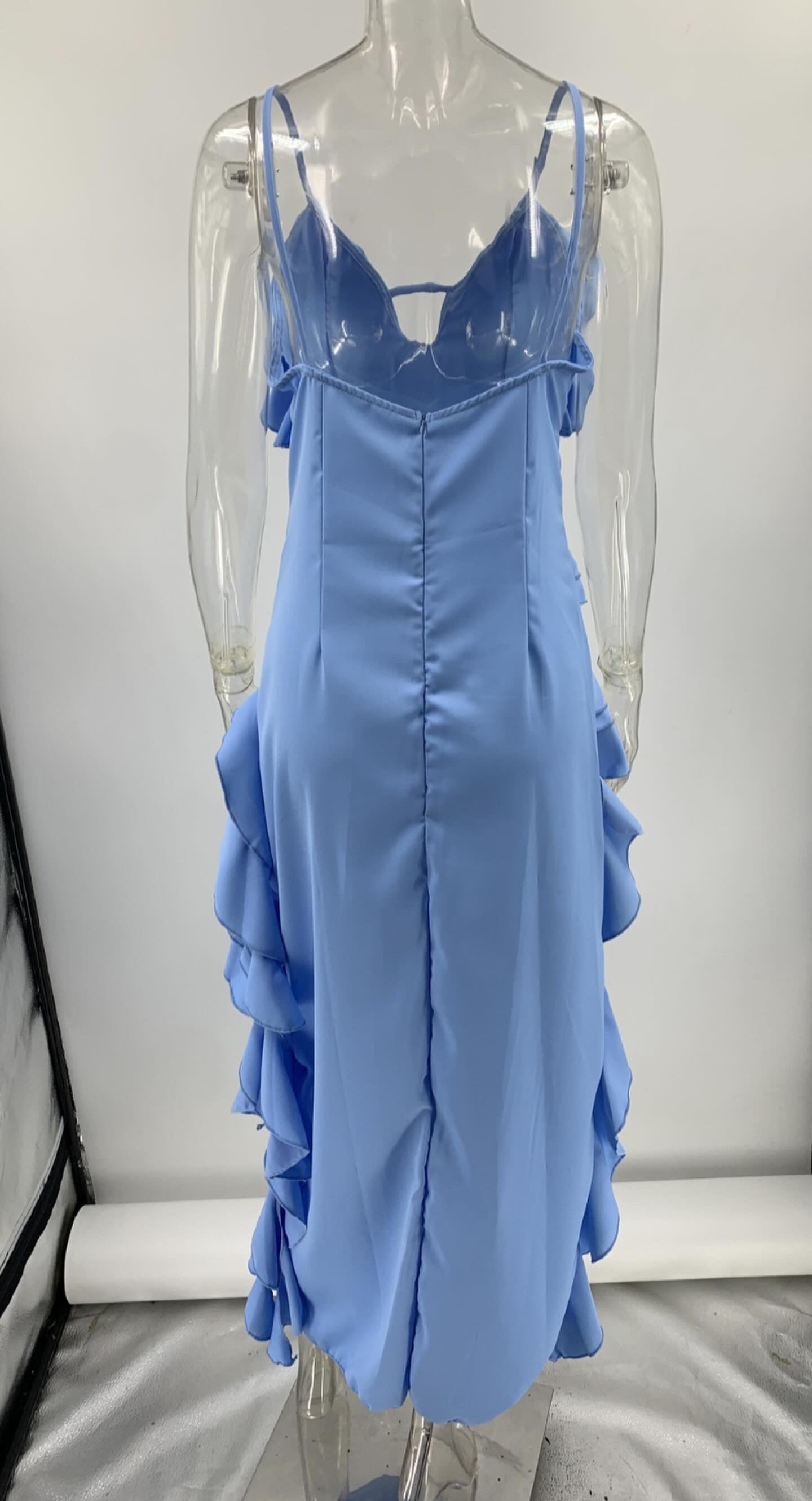 SANTORINI RAYON RUFFLE CUT OUT ASYMMETRIC COCKTAIL MAXI DRESS - Blue