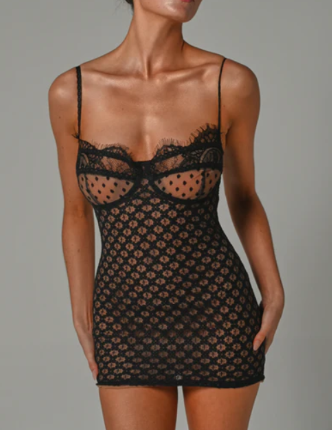 FREYA LACE MESH MINI DRESS - Black