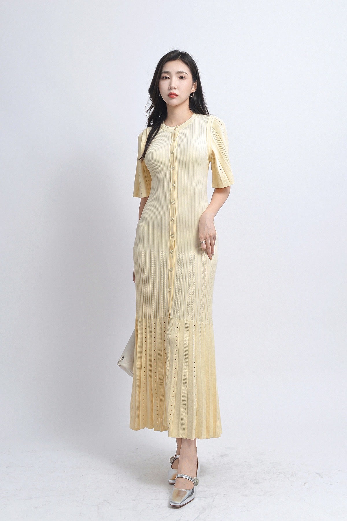 Sandro Fine-knit midi dress with openwork design yellow