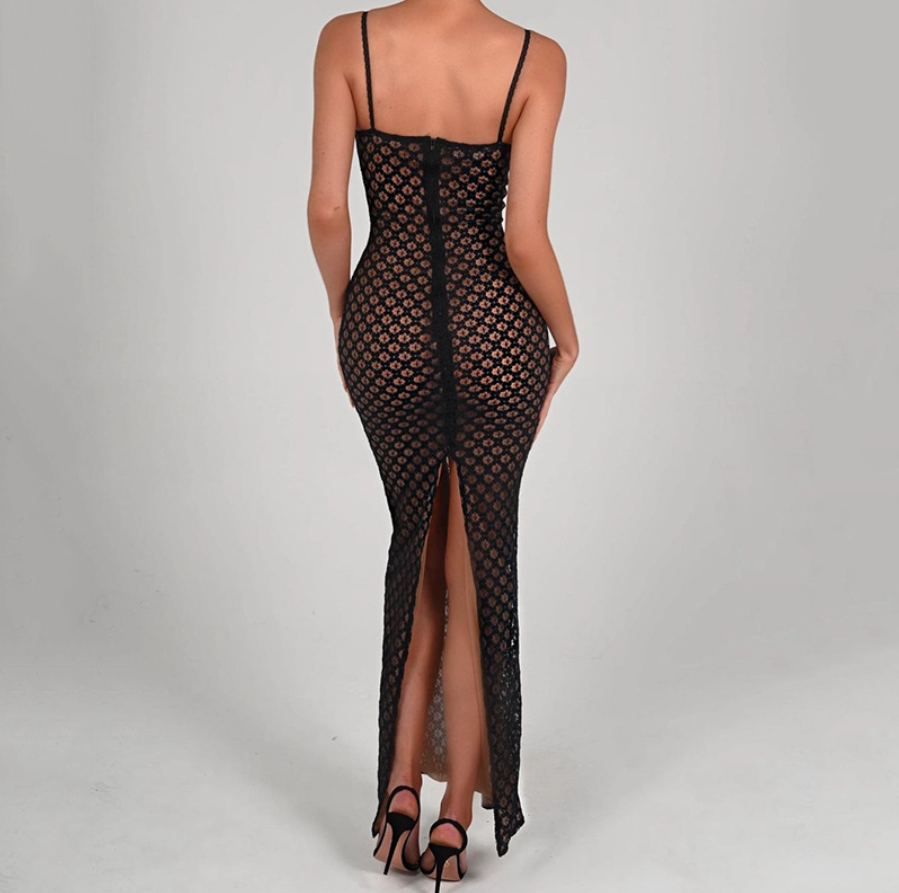 FREYA LACE MESH MAXI DRESS - Black