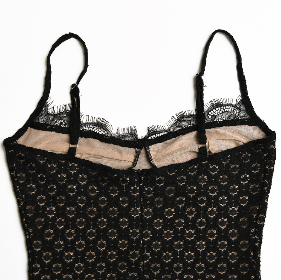 FREYA LACE MESH MAXI DRESS - Black