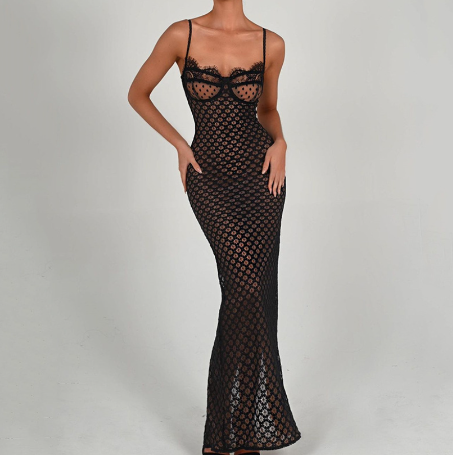 FREYA LACE MESH MAXI DRESS - Black
