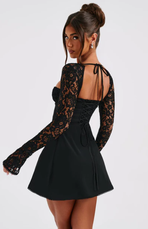 MADISON LONG LACE SLEEVES BACK STRAPS MINI DRESS - BLACK