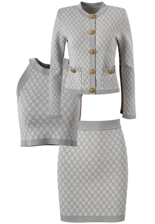 The Camille Luxe Jacquard Three-Piece Mini Skirt Set - Gray, Brown & Blue