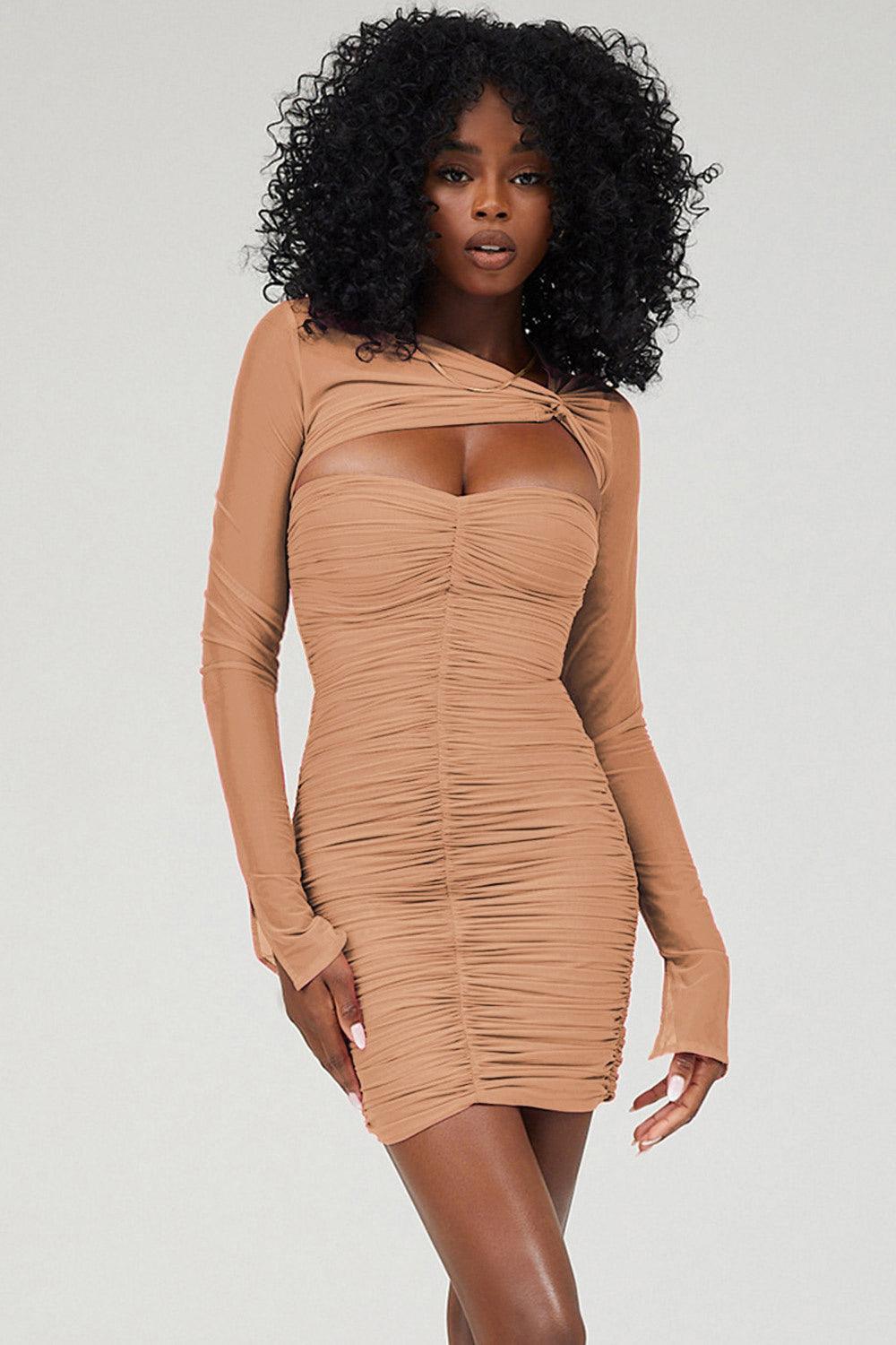 SPICY Ruched Mesh Twist Front Mini Dress - Brown