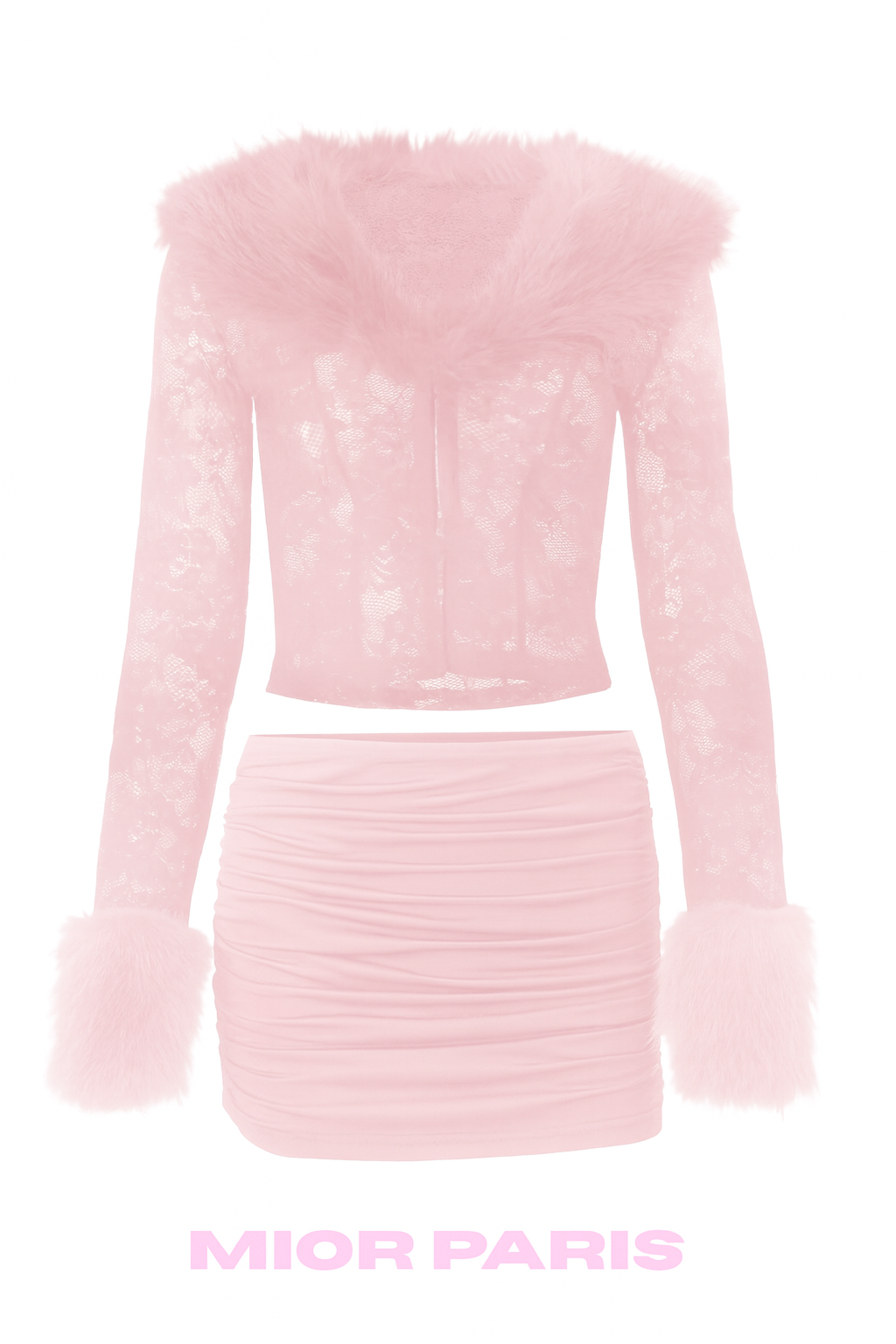 CELIA Faux Fur-Trim Lace Cardigan and skirt set in Pink