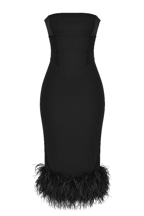 FIONULA BLACK STRAPLESS FEATHER CORSET MAXI / MIDI DRESS