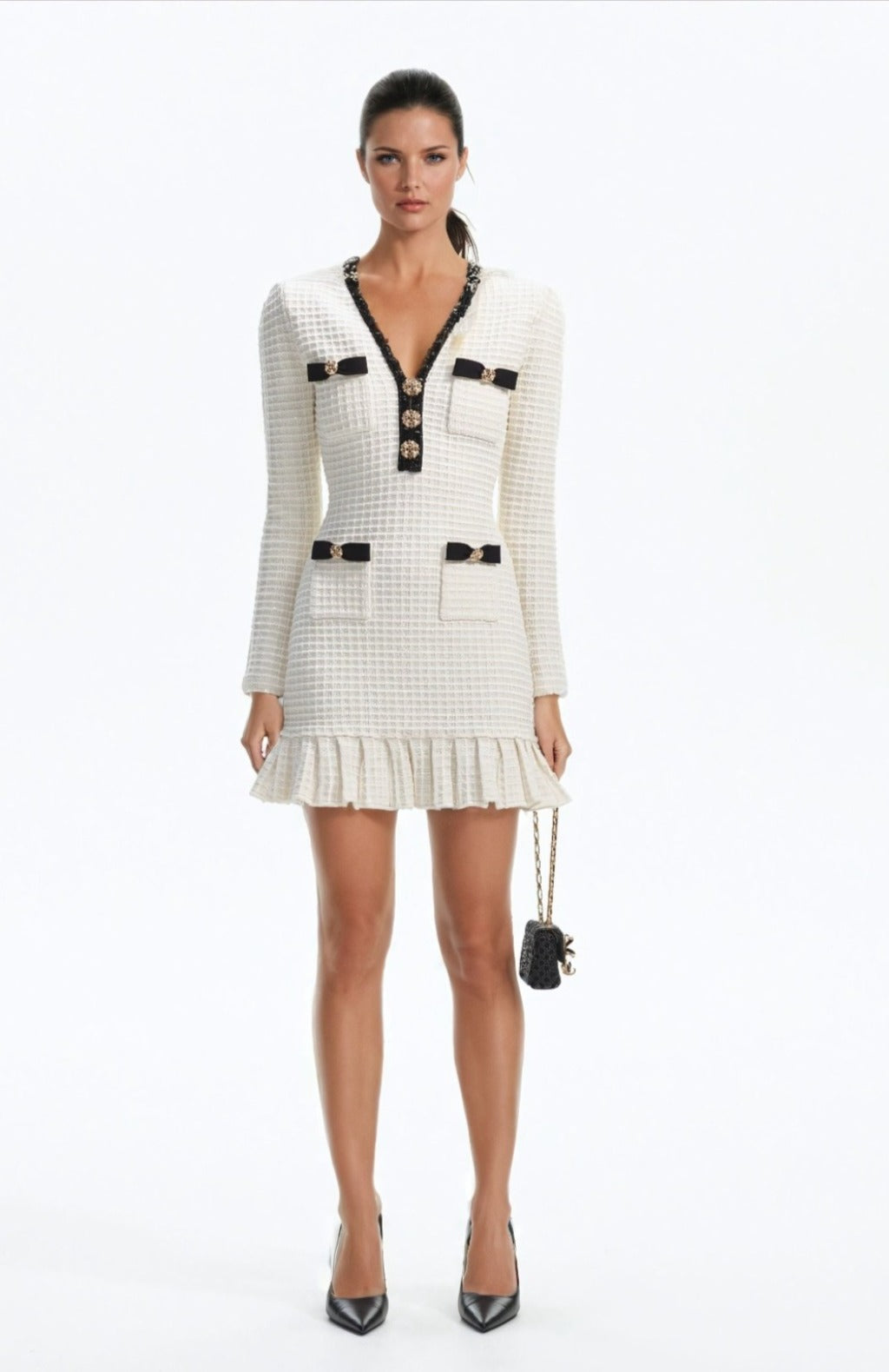 VICTORIA CREAM TEXTURED KNIT MINI DRESS - White