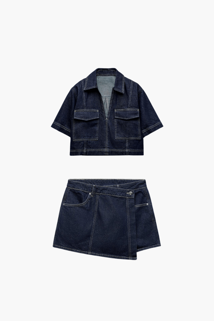 Lisa - Denim Cropped-Top & Skirt Two-Piece Set