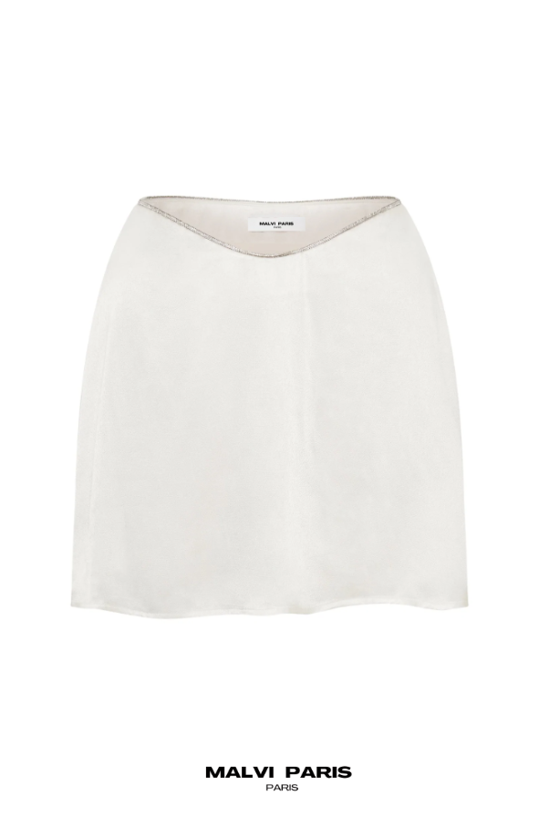 TALULAH RHINESTONE DIAMANTE EMBELLISHED SATIN MINI FLUTE SKIRT - Snow white