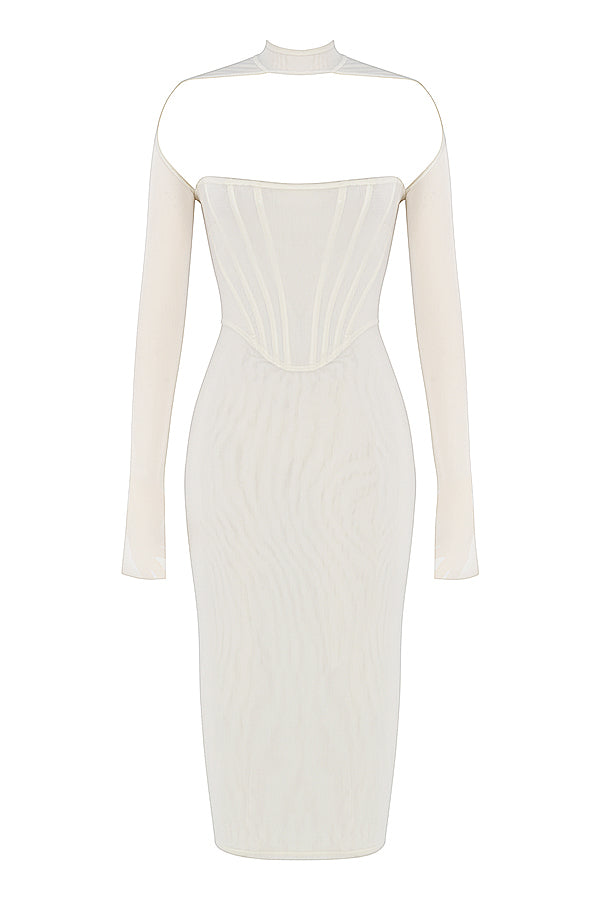 MILAROSE WHITE MESH CORSET MIDI DRESS - White